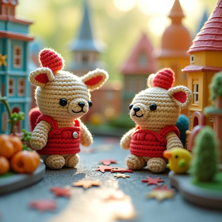 Mini cidade em amigurumi feita com caixas de sapato recicladas.