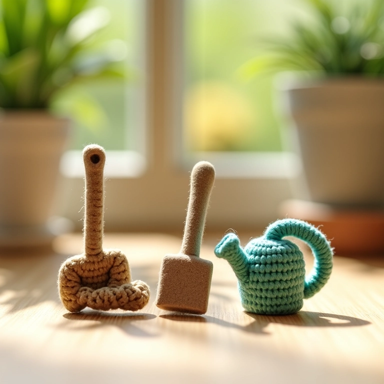 Mini ferramentas de jardinagem em amigurumi para lembrancinhas de aniversário.
