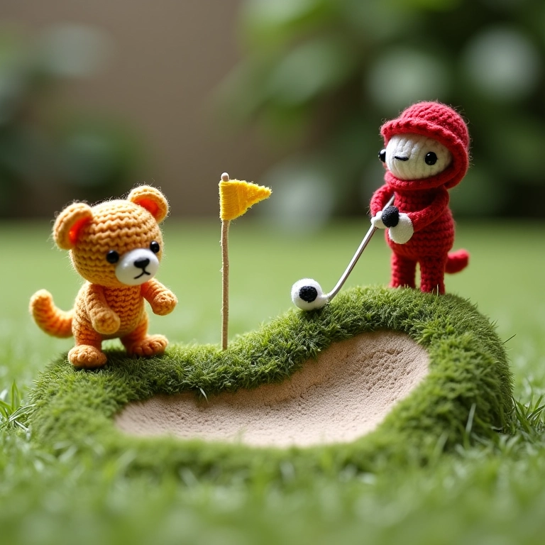 Mini golf em amigurumi feito com caixa de sapato e obstáculos de crochê.