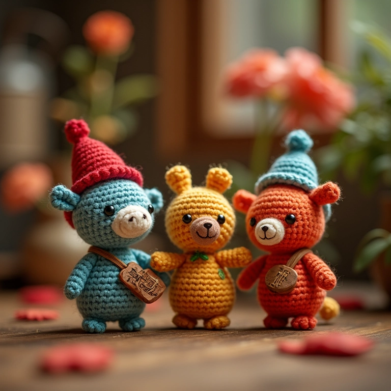 Mini instrumentos musicais circenses em amigurumi.