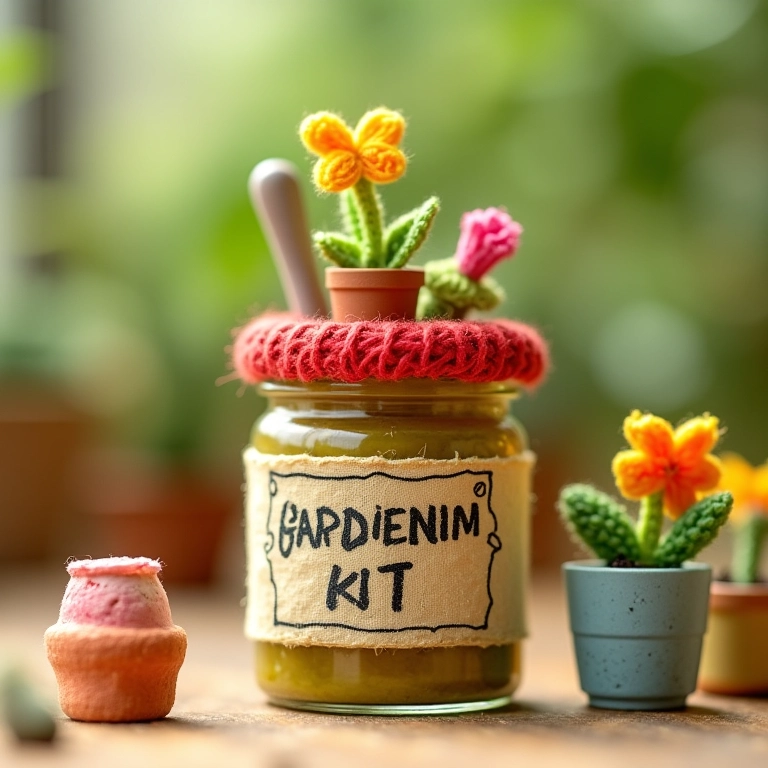 Mini kit de jardinagem em pote de papinha com etiqueta de crochê.