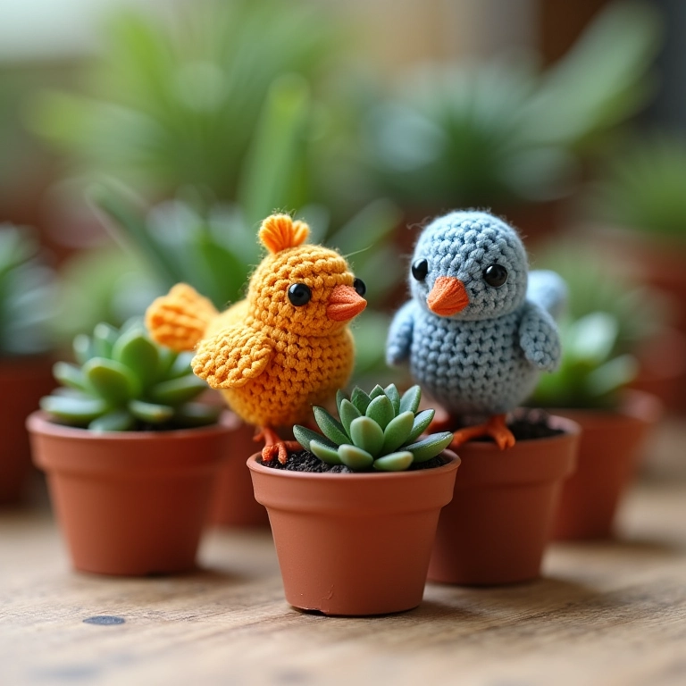Mini passarinhos de amigurumi em vasinhos de suculentas.