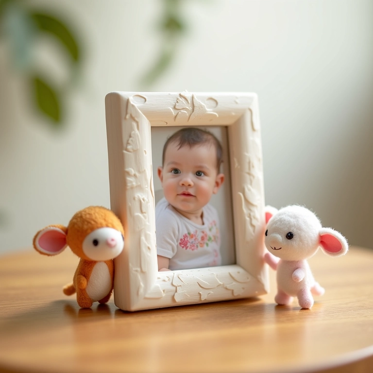 Mini porta-retratos de amigurumi para lembrancinha de batizado.