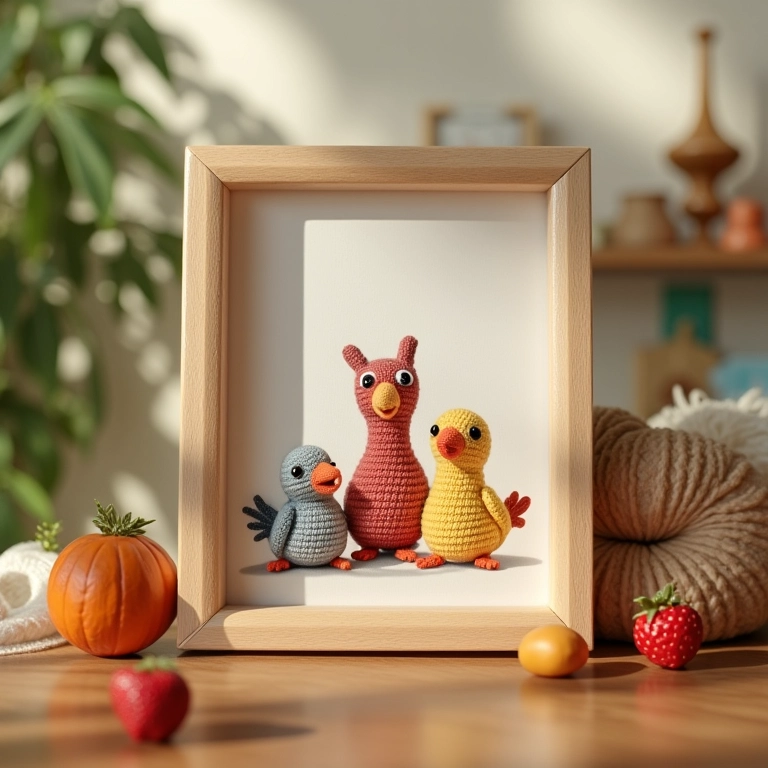 Mini quadros com ilustrações de passarinhos de amigurumi.