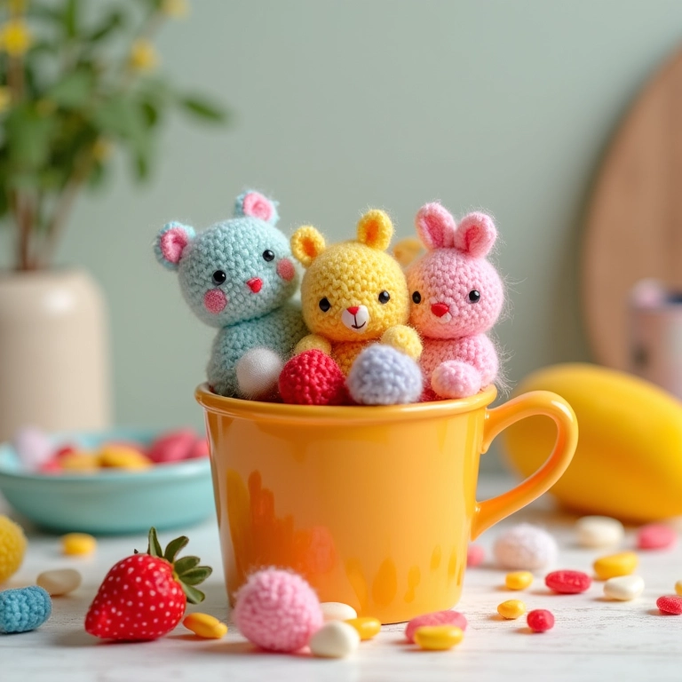 Mini regadores com balinhas coloridas e animais em amigurumi.