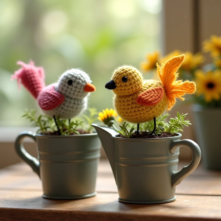 Mini regadores com sementes de flores e amigurumis de passarinho.