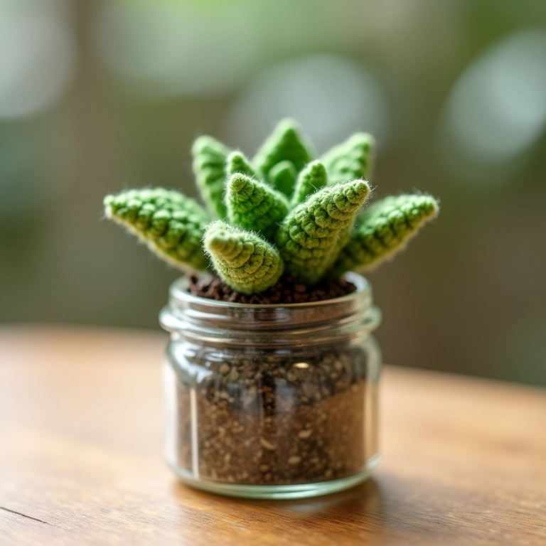 Mini suculenta de crochê em pote de papinha.