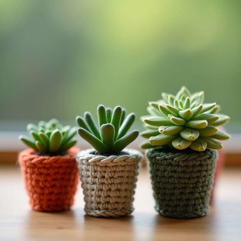 Mini suculentas de amigurumi em vasinhos de crochê.