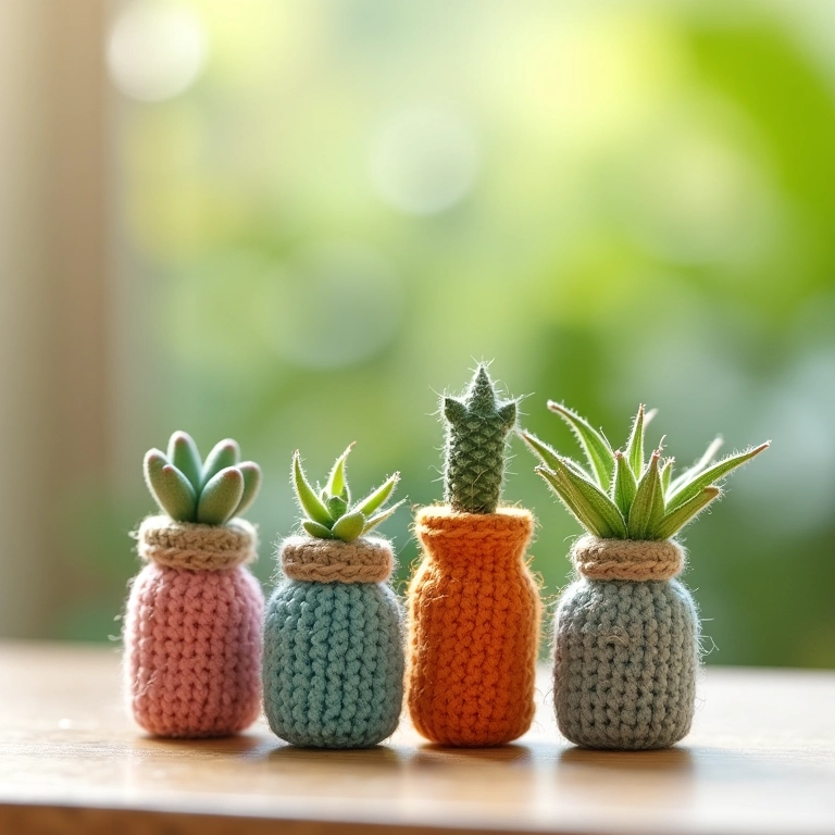 Mini suculentas de crochê dentro de garrafinhas de crochê.