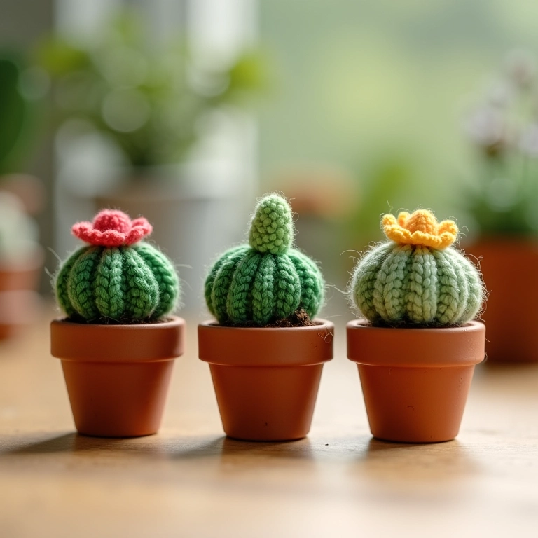 Mini suculentas de crochê em vasinhos de barro.