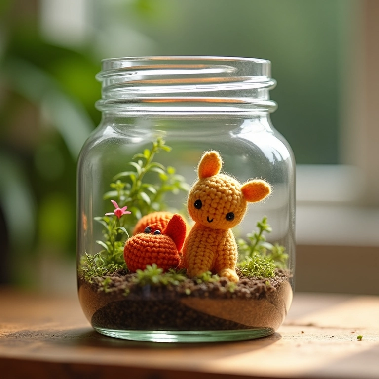 Mini terrário em pote de papinha com miniaturas de crochê.