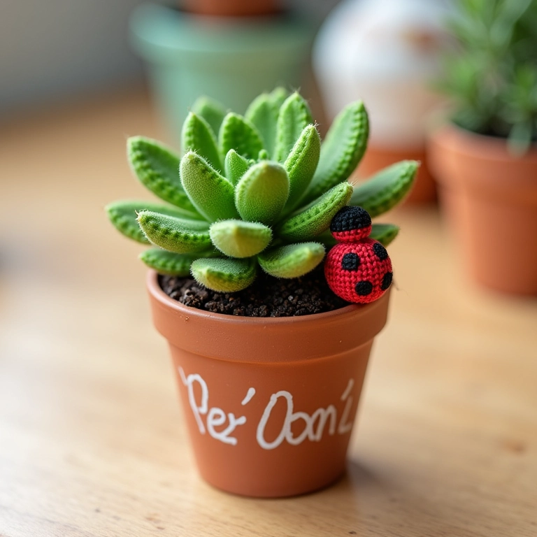 Mini vasinho de suculenta personalizado com amigurumi da Ladybug.