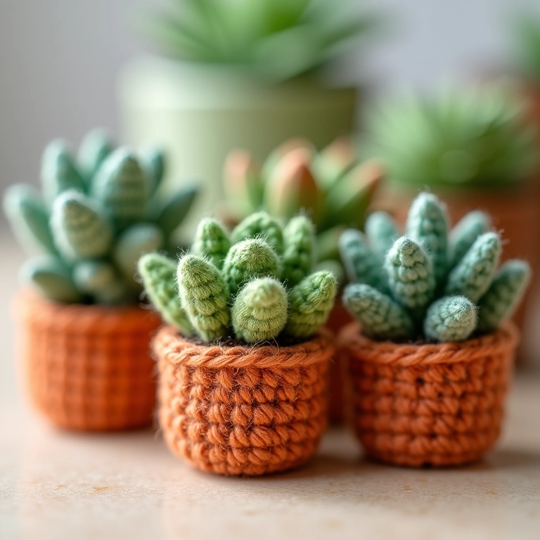 Mini vasinhos de crochê com suculentas amigurumi.