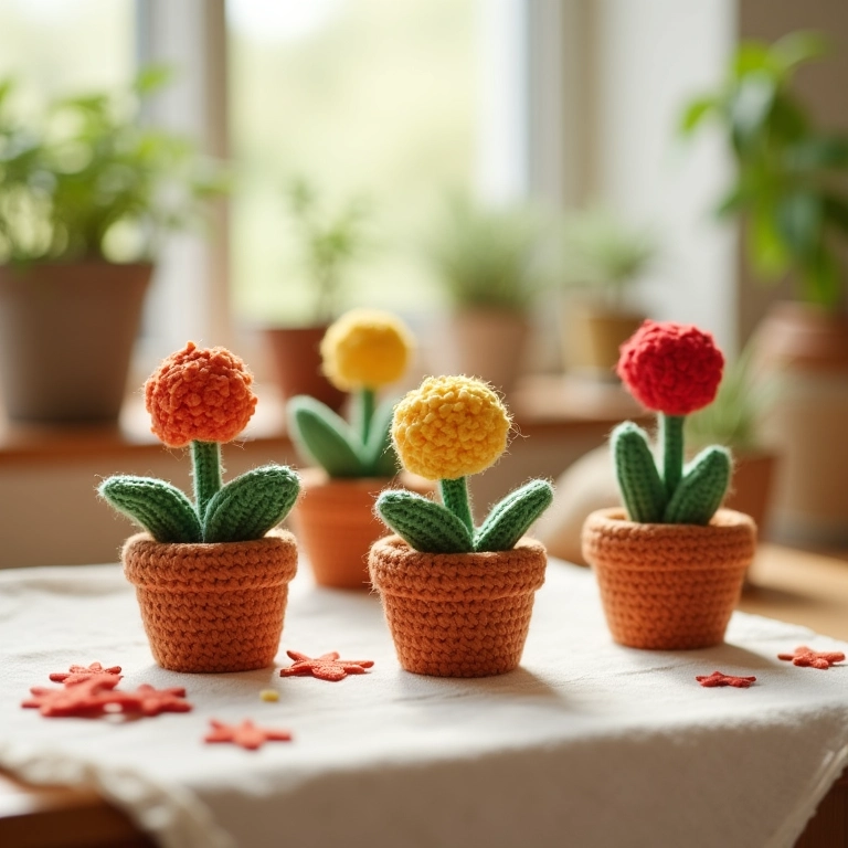 Mini vasinhos de flores de crochê amigurumi.