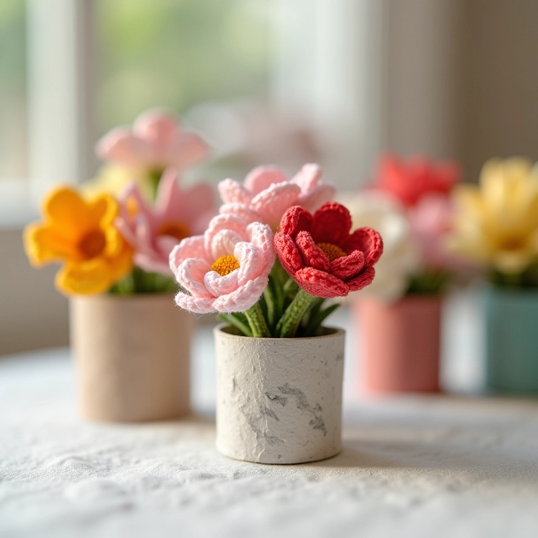 Mini vasinhos de flores de crochê feitos com rolo de papel higiênico.