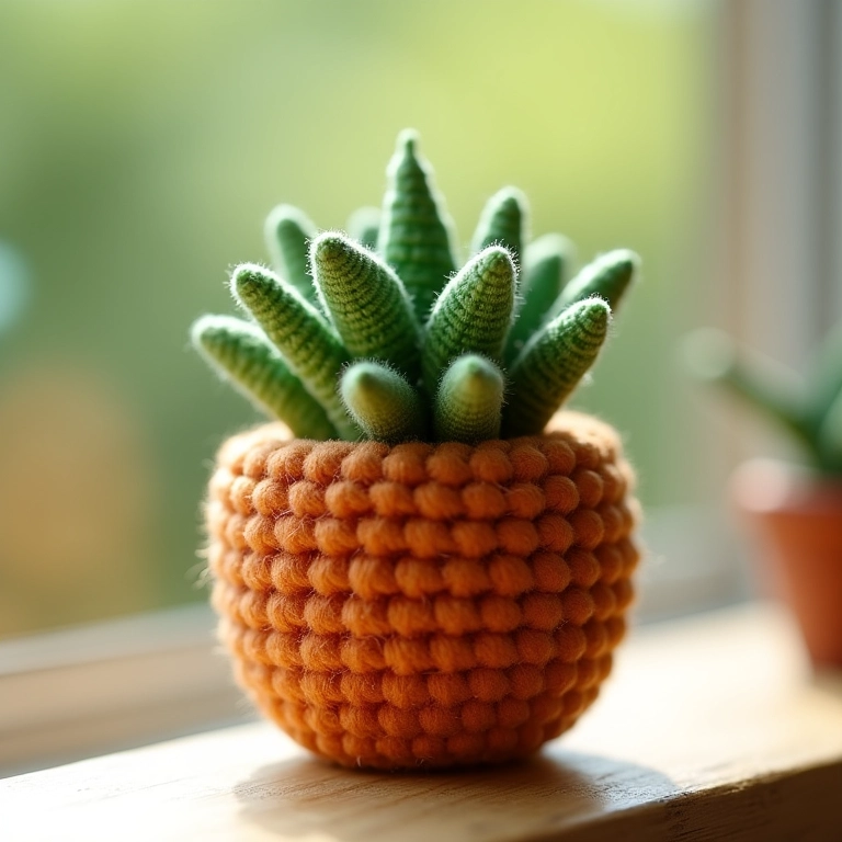 Mini vaso de crochê com suculenta amigurumi.
