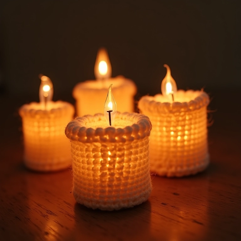 Mini velas aromáticas de crochê com luzes LED.