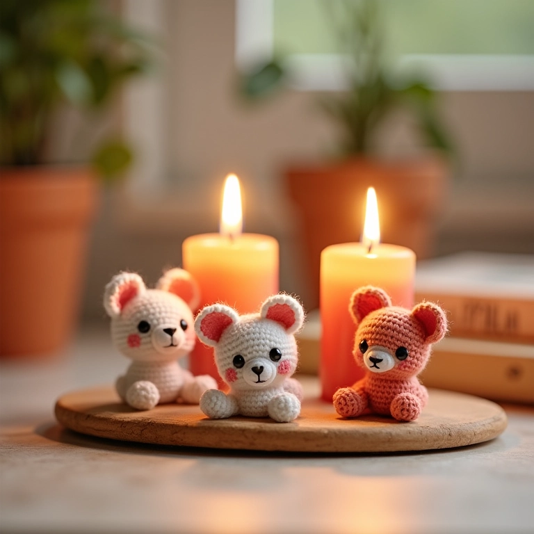 Mini velas aromáticas em amigurumi para lembrancinha de maternidade.