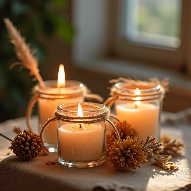 Mini velas aromáticas em garrafinhas decoradas.