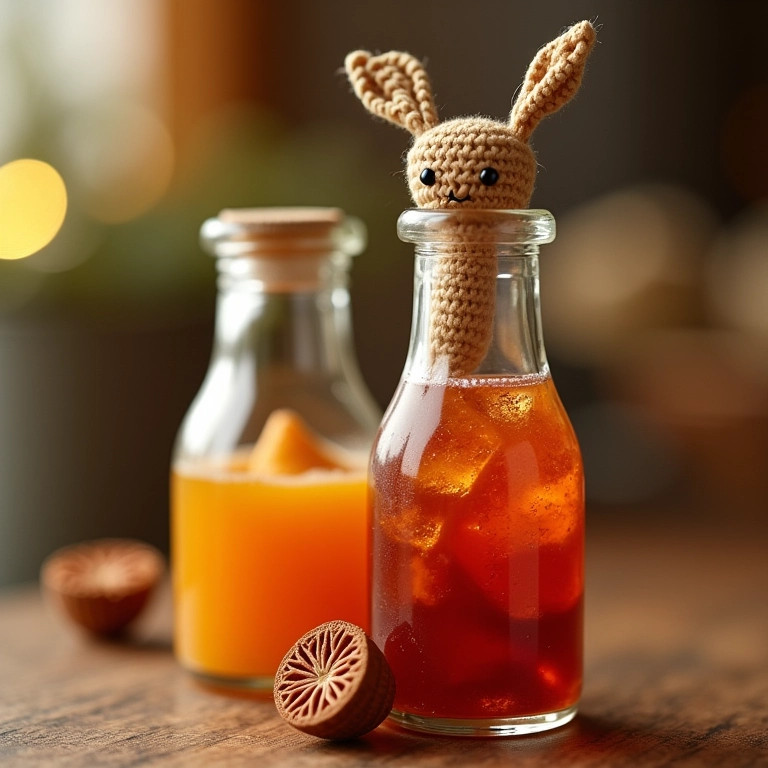 Miniaturas de bebidas de crochê em garrafinha.