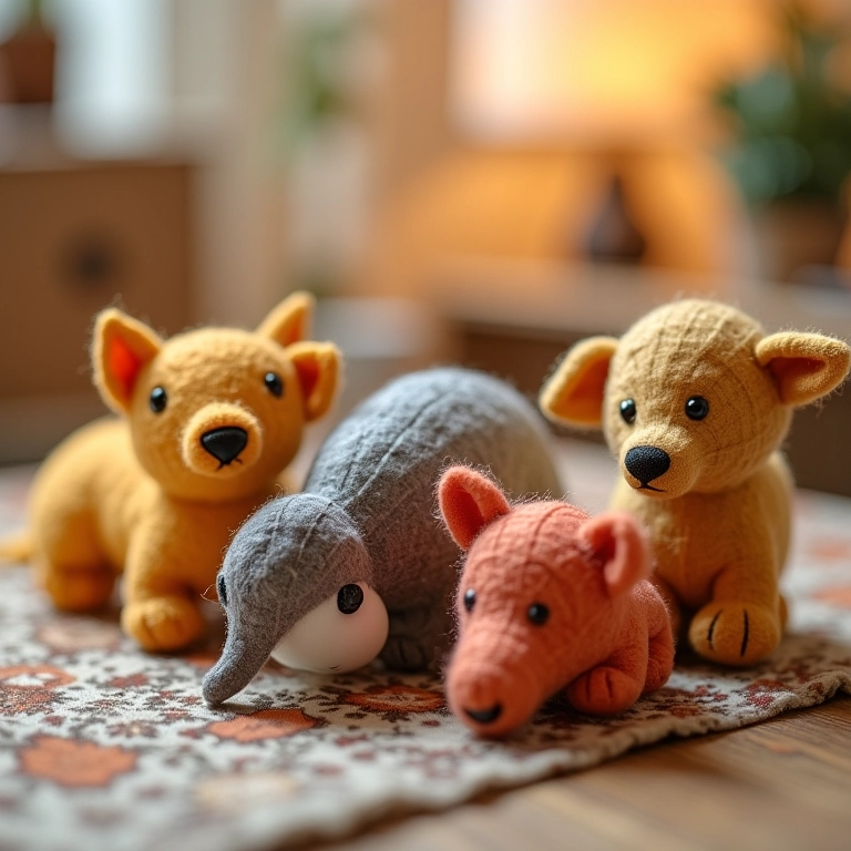 Miniaturas de bichinhos de feltro com detalhes em crochê amigurumi.