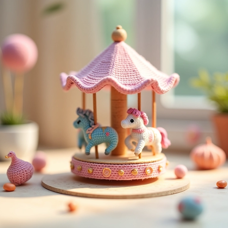 Miniaturas de carrossel em crochê com base em MDF.
