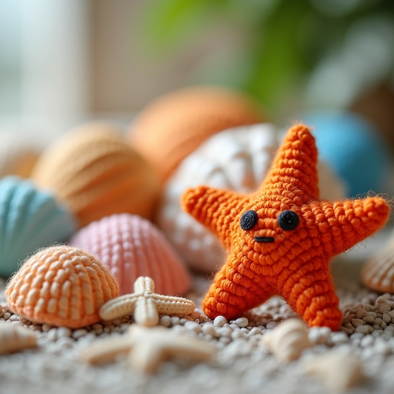 Miniaturas de conchas e estrelas do mar em crochê.