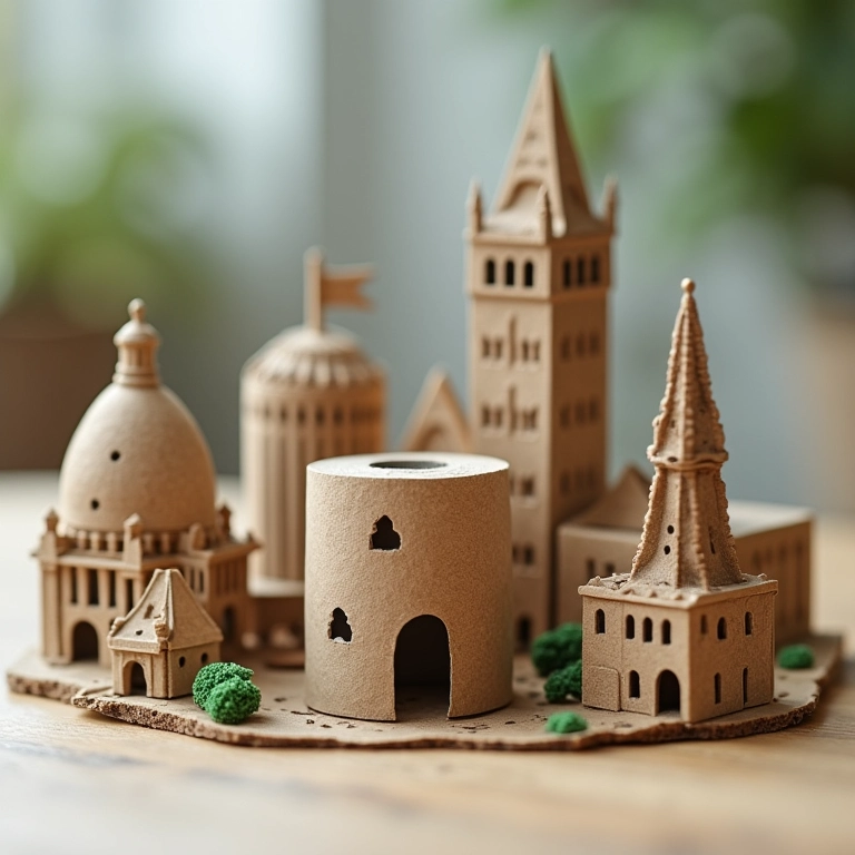 Miniaturas de construções famosas feitas com amigurumis de rolos de papel toalha.