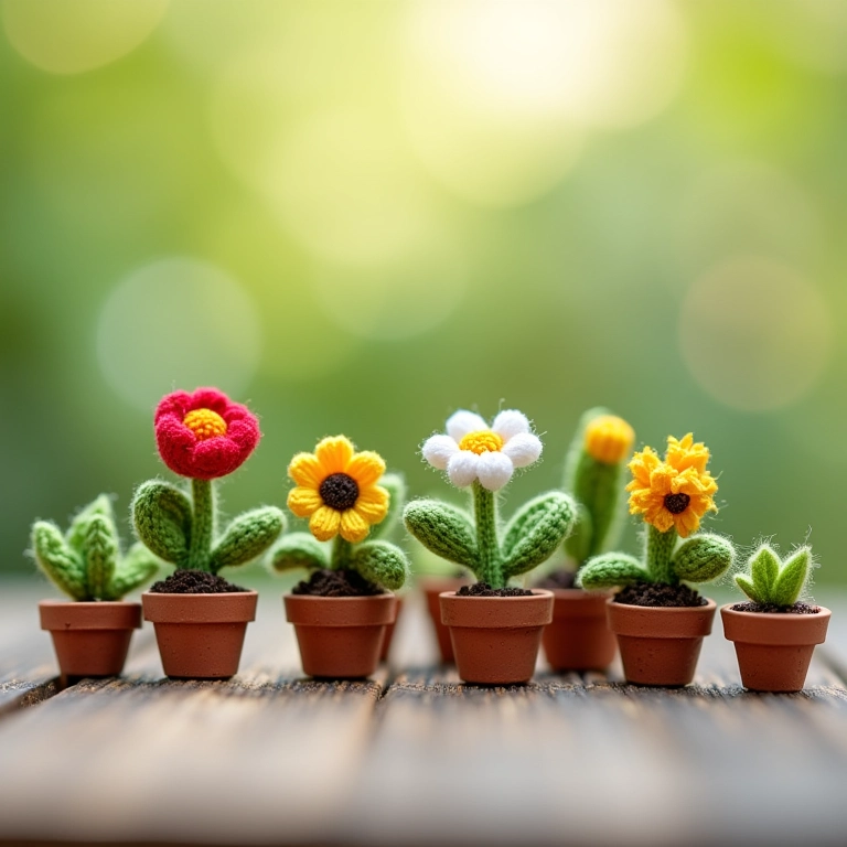Miniaturas de crochê de plantas para um kit de jardinagem para apartamento.
