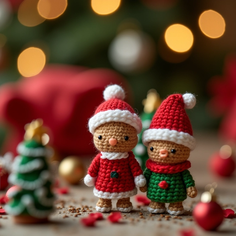 Miniaturas de crochê para decoração de Natal, em close-up, mostrando os detalhes dos pontos e texturas.