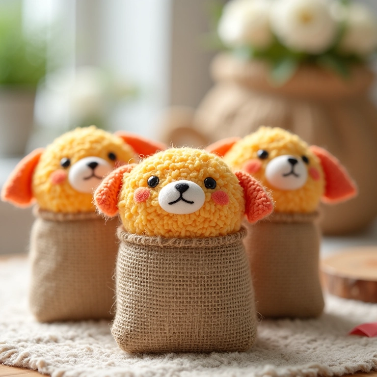 Miniaturas de flores de amigurumi em saquinhos de juta, lembrancinhas rústicas.