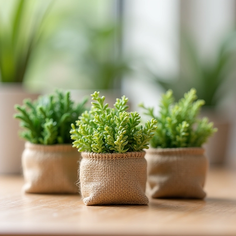 Miniaturas de plantas de amigurumi em saquinhos de juta, lembrancinhas rústicas.