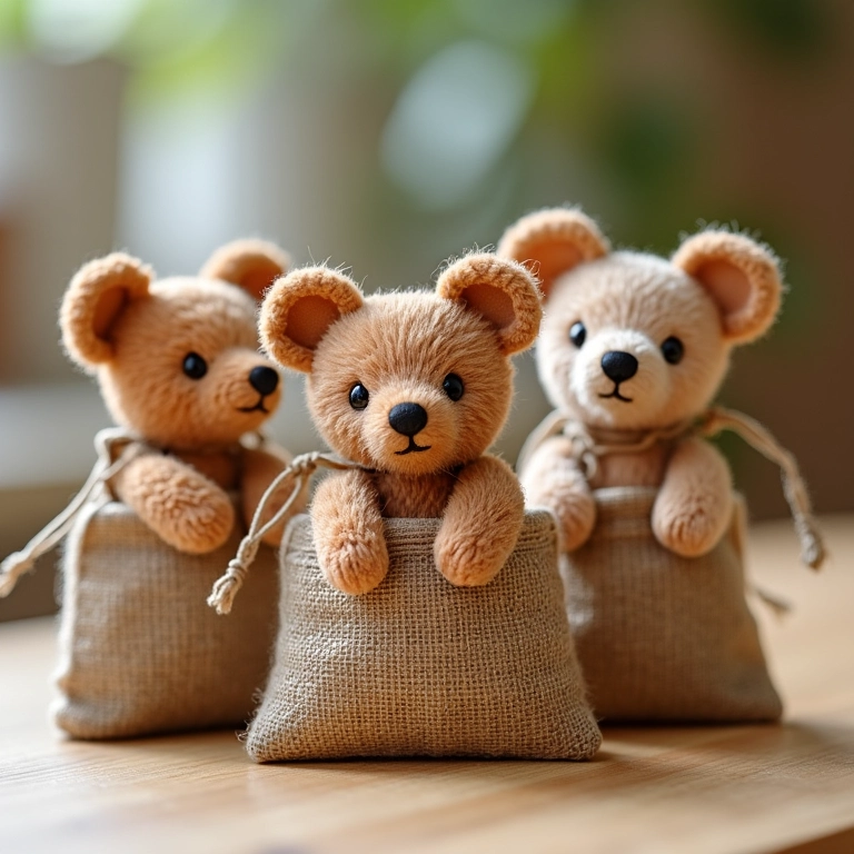 Miniaturas de ursos de amigurumi em saquinhos de juta, lembrancinhas rústicas.