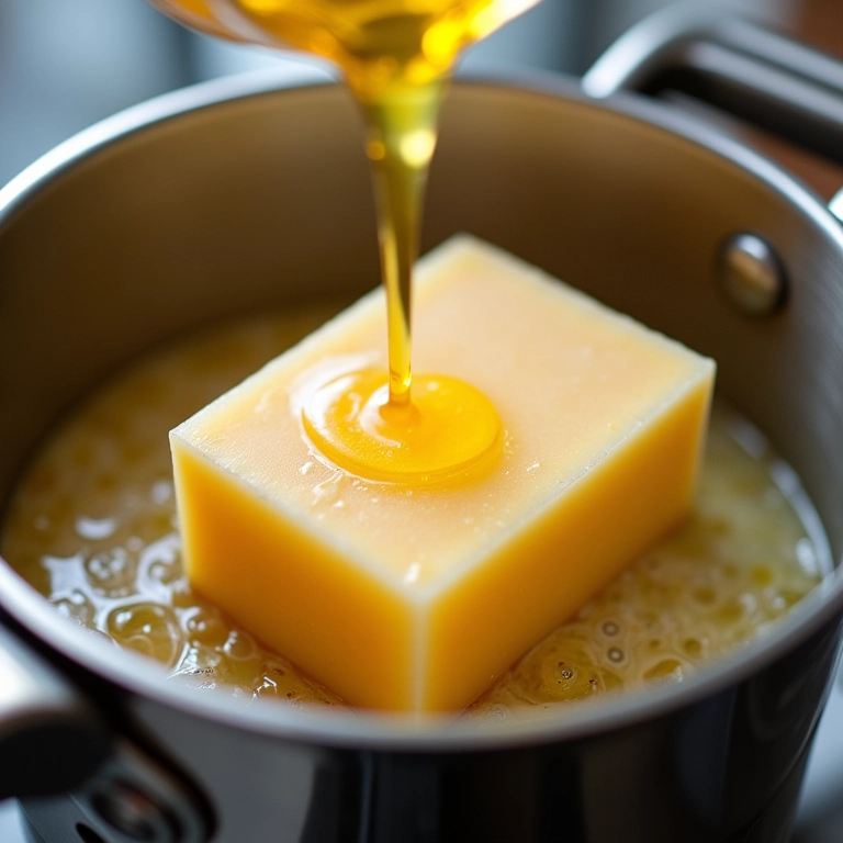 Mistura do açafrão na base do sabonete: controle da temperatura para evitar danos.