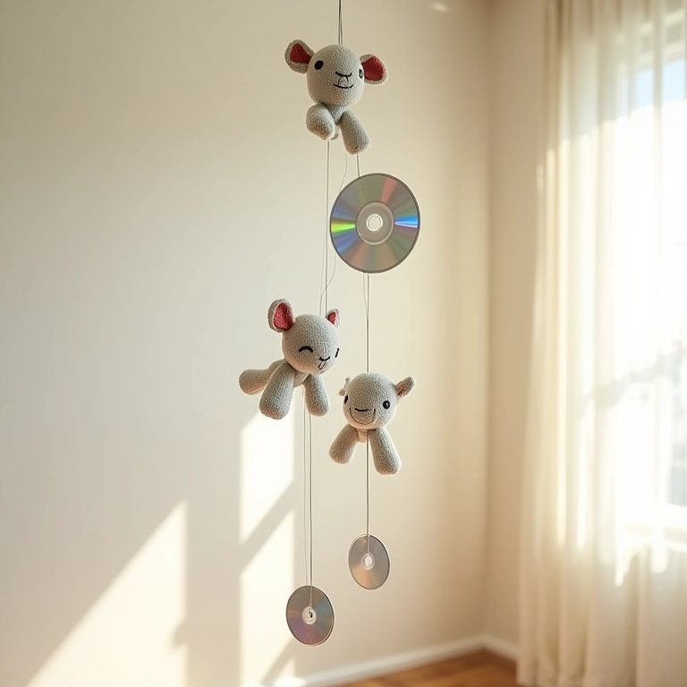Móbile de amigurumi com CDs reciclados.