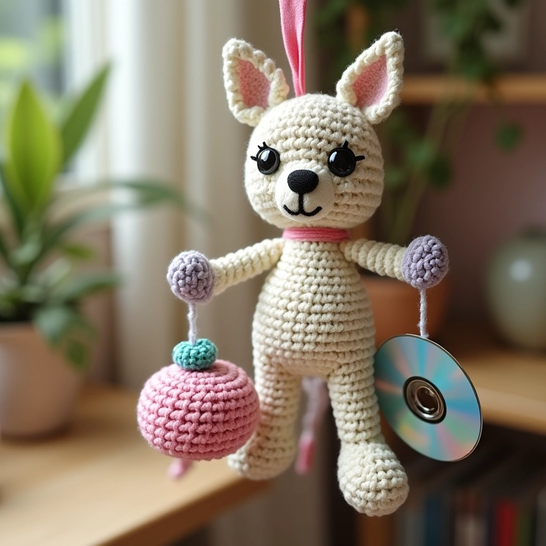 Móbile de amigurumi com elementos de crochê e CDs/DVDs usados.