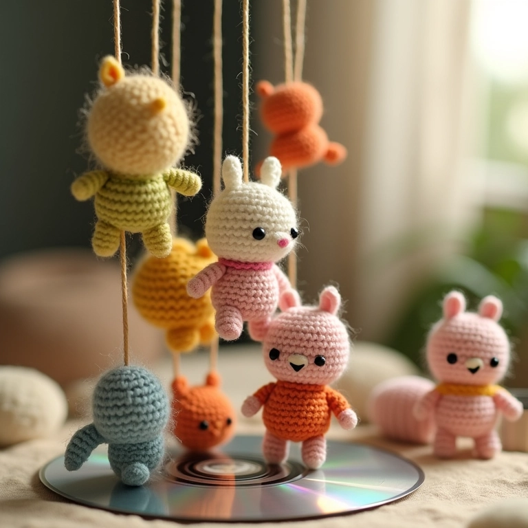 Móbile de amigurumi com figuras penduradas em base de CD.