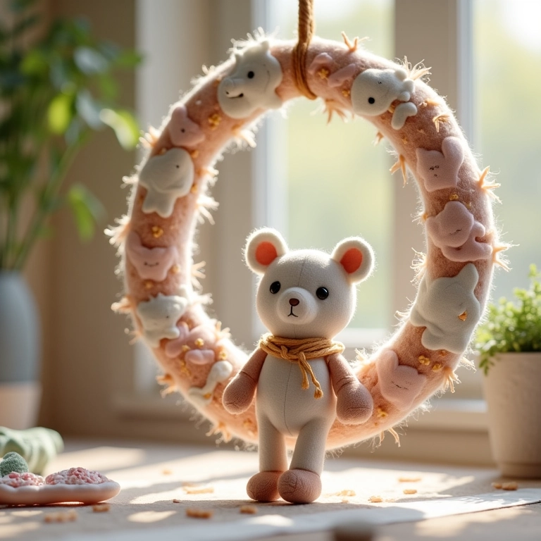 Mobile de bebê amigurumi com guirlanda de feltro.