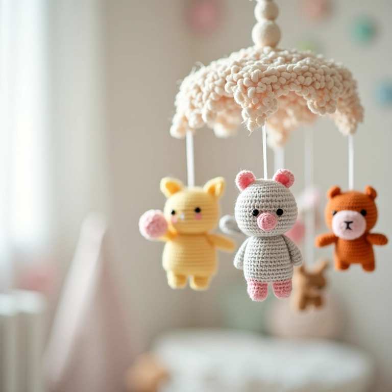 Mobile de bebê em crochê com amigurumis de animais, tons pastel.