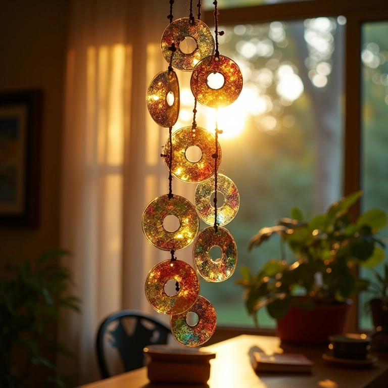 Móbile de CD brilhando com a luz do sol.