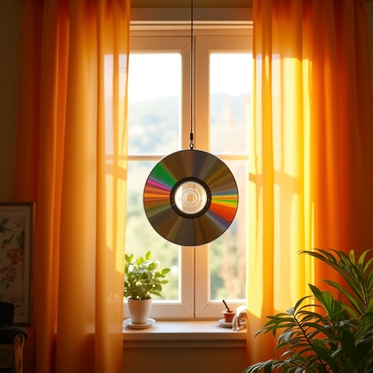 Móbile de CD pendurado em uma janela ensolarada.