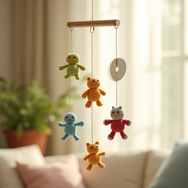 Mobile de crochê e CDs reciclados.