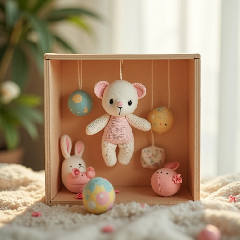 Mobile de crochê para bebê em caixa MDF decorada.