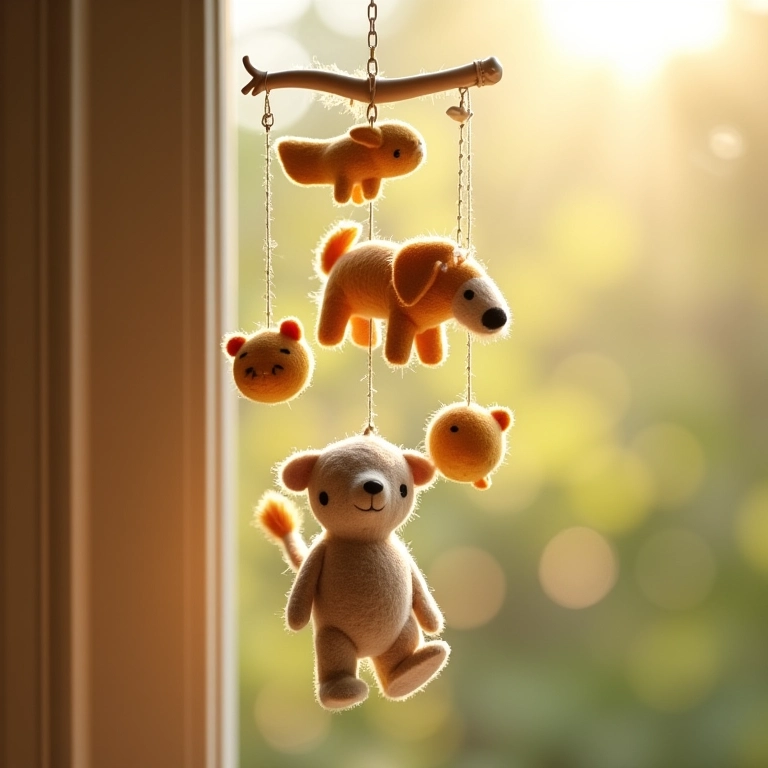 Móbile de feltro com animais de amigurumi pendurados.