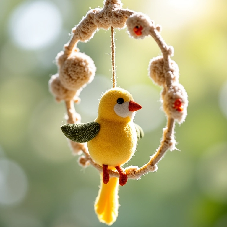 Móbile decorativo com amigurumis e elementos naturais.