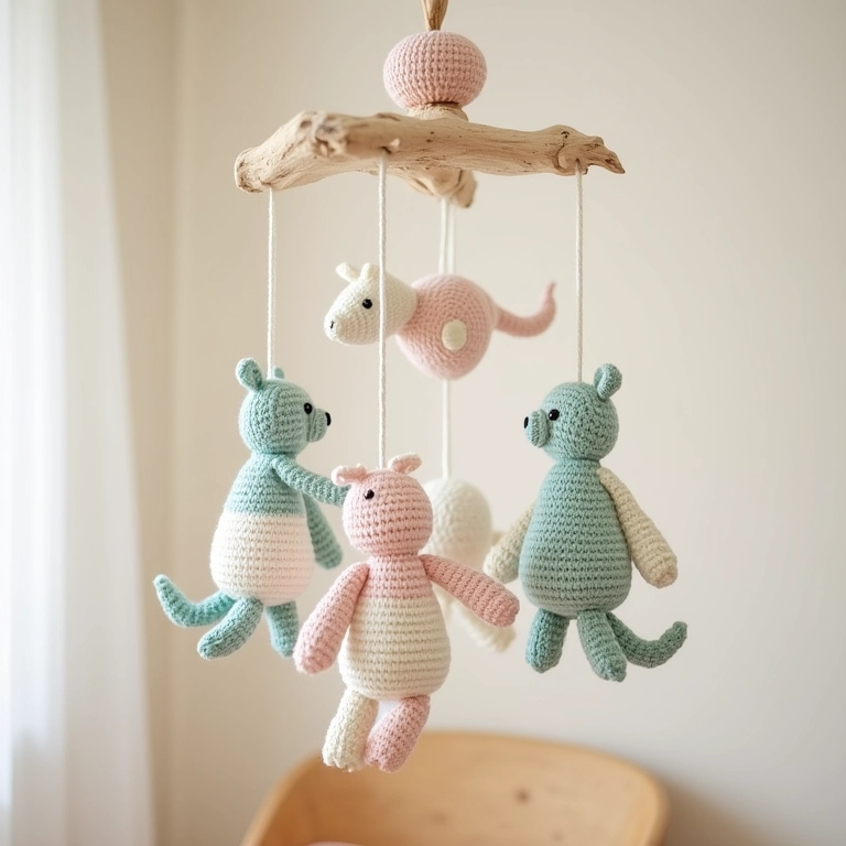 Móbile decorativo de crochê amigurumi feito com componentes PET reciclados pendurado em um quarto de bebê.