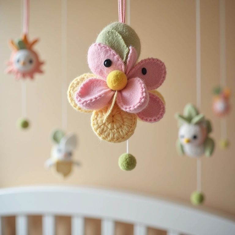 Móbile encantador com flores de feltro em amigurumi.