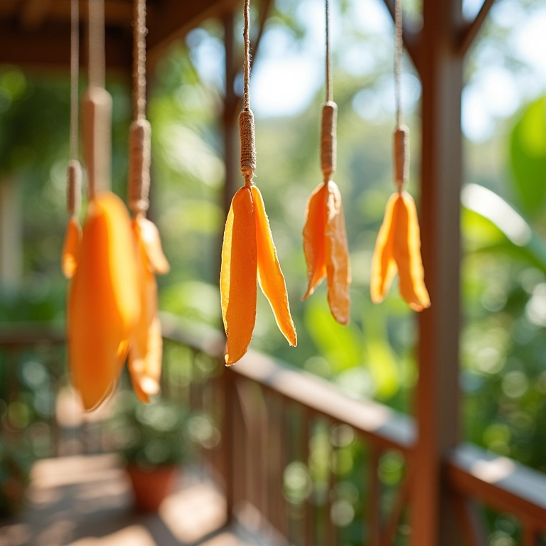Móbiles criativos feitos de palitos de picolé pendurados em varanda brasileira.