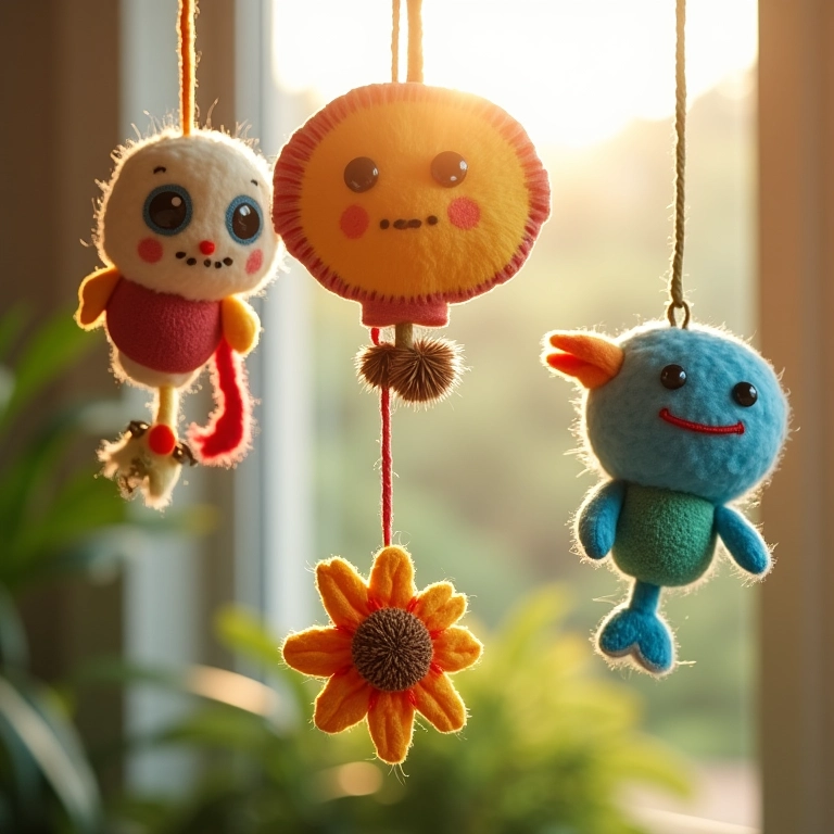 Móbiles decorativos criados com materiais reciclados e personagens em amigurumi.
