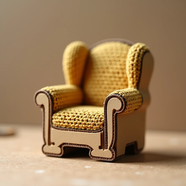 Mobiliário de papelão em amigurumi, como cadeiras e mesas.
